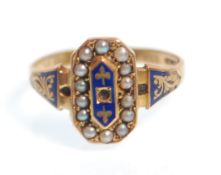 A 19th Century Victorian 15ct gold ring decorated with blue enamel and seed pearls. Hallmarked
