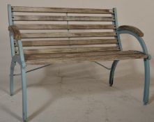A 20th century metal Industrial style teak wood slatted garden bench. Each metal end in sky blue