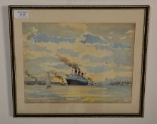F. Hobbs - A vintage 20th Century watercolour painting of RMS Queen Mary at Southampton dock. Signed