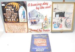 A collection of vintage style signage to include The New Haskel Rubber Golf Ball, Travel By