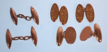 A group of three hallmarked 9ct gold cufflinks to include a a pair of plain oval shape, a pair