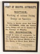 Local Interest - An early 20th Century vintage framed and glazed 'Port Of Bristol Authority Notice'.