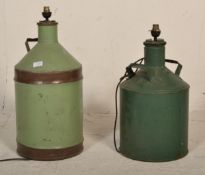 2 early 20th century Industrial metal factory cans - oil cans in green colourway having been