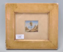 A 19th Century oil painting on ivory depicting a continental landscape scene with a single tree,