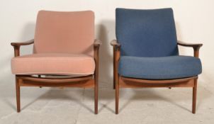 A stunning pair of retro vintage 20th Century Danish teak wood low easy lounge chair / armchairs