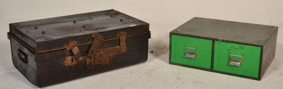 A mid century Industrial factory two tone colourway metal index filing drawer together with a