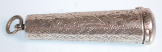 A silver hallmarked cheroot case with rococo chase decoration and with  bale to base. Hallmarked for