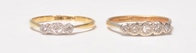 Two 18ct Gold Rings- A vintage 18ct gold and platinum five stone diamond ring. Stamped 18ct, ring