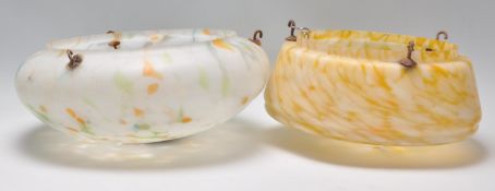 Two vintage 20th Century 1930's Art Deco marbled glass flycatcher ceiling light shades. One white