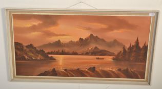 J. Booth - A vintage retro mid 20th Century oil on board painting a sunset lake scene with trees and
