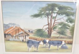 Terry Bevan - An original water colour on paper painting depicting grazing cows with a cattleshed in