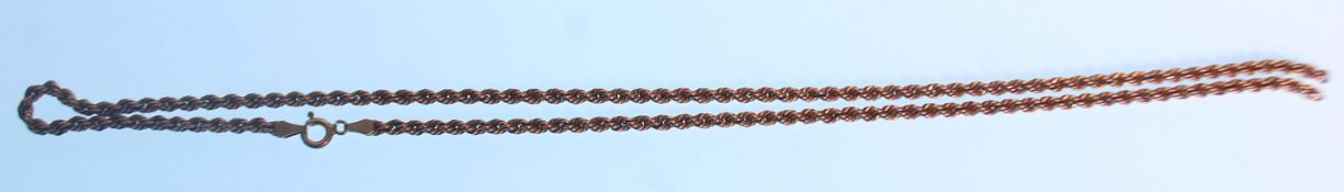 A stamped 375 9ct gold rope twist necklace chain with a spring ring clasp in need of repair. Chain