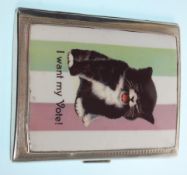 A silver hallmarked 1930's cigarette case having engine turned decoration with an enamelled