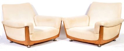 PAIR OF ERCOL BEECH WOOD LOW ARMCHAIRS