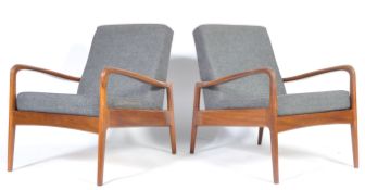 STUNNING PAIR OF GREAVES AND THOMAS TEAK WOOD FRAMED ARMCHAIRS
