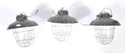 20TH CENTURY INDUSTRIAL WIRE CAGED ENAMEL PENDANT LIGHT