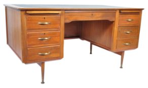 An original 20th Century retro vintage industrial oak twin pedestal partners desk having a leather