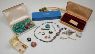 A collection of costume jewellery to include sterling silver and turquoise bird earrings with