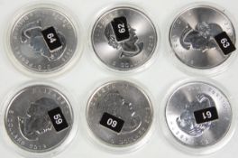 A group of six silver fine silver five dollar Canadian 1oz coins. Dates include 2012, 1013, 2x 2015,