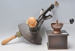 Kitchenalia - An early 20th Century marmalade slicer mounted to a vice with wooden handles
