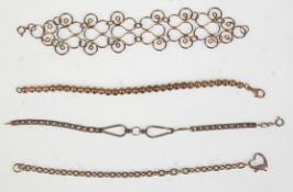 A group of four silver ladies bracelets to include a flat link example stamped 925, decorative