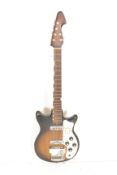 A retro mid 20th Century 1960's Stratocaster style six string electric guitar. Burn wood effect body