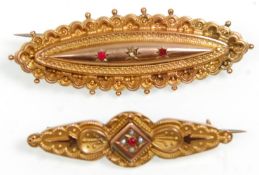 Two antique 19th Century Victorian 9ct yellow gold mourning brooches. One set with a central white
