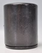 A lovely 19th Century Victorian cylindrical black leather travel clock case having a push button