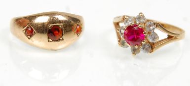 Two 9ct yellow gold ladies rings to include a gypsy ring set with three red stones. Hallmarked 375