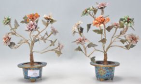 A pair of 19th Century Chinese bonsai tree ornaments having cloisonne pots of round form with