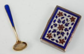 A 20th Century silver pill box of rectangular form having a blue red and white guilloche enamelled