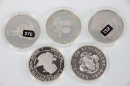 A group of five fine silver proof coins for the Queen Elizabeth The Queen Mother collection to