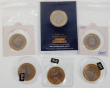 A group of six £2 coins to include a 1998 and 1999 silver proof examples, 2018 Change Checker