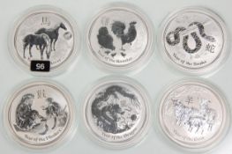 A good group of six 1oz fine silver proof coins for the Chinese New Year to include 2015 Year of the