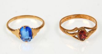 Two 9ct yellow gold ladies rings. One set with an oval faceted cut red stone to decorative pierced