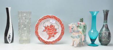 A collection of mid Century retro studio art glass and pottery to include a Czech glass vase for