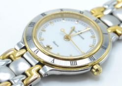 A Maurice LaCroix ladies wristwatch model no 72168. Quartz movement with baton numerals to the white