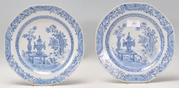 Two 18th Century Chinese blue and white plates decorated with precious objects of octagonal form