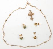 A 19th century Victorian 9ct gold necklace with seed pearl beads together with a pair of 14ct gold