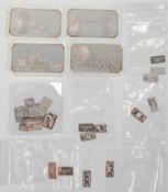 A group of four fine silver ounce ingots by SM Bullion, three of London and one Robin Hood