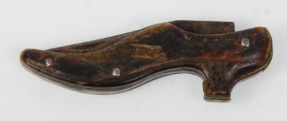 A 19th Century Victorian pen knife / fruit knife having a wooden handle in the form of a shoe with a