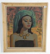 A vintage retro Tretchikoff ' Balinese Girl ' print depicting a portrait of a woman wearing a head