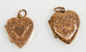 Two vintage 9ct gold back and front heart lockets with both having engraved scroll and floral