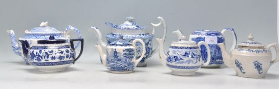 A collection of 19th Century antique blue and white tea pots to include a Shelley Chinoiserie