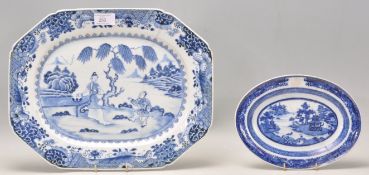 An 18th Century Chinese blue and white platter of octagonal form having a central hand painted scene