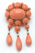 An 18ct gold and precious coral pearl and diamond brooch pin.
