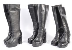 UNIFORM AND FASNCY DRESS - A GROUP OF THREE VINTAGE RETRO BLACK LEATHER GOGO BOOTS.