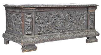 LARGE 19TH CENTURY ITALIAN CARVED OAK CASSONE CHEST COFFER