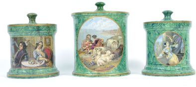 THREE ANTIQUE PRATTWARE TOBACCO POTS IN GREEN MALACHITE