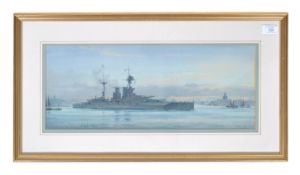 FRANK WOOD - HMS QUEEN ELIZABETH LEAVING PORTSMOUTH - PAINTING